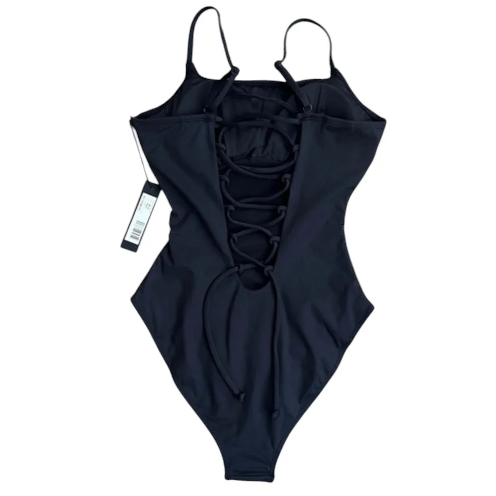 TA3 Lacey Black One Piece Swimsuit Lace Up Back XS Regular Length NWT - Picture 5 of 6